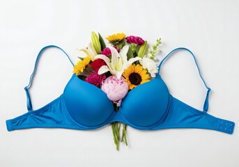 Blue bra filled with assorted fresh flowers including lilies, peonies, sunflowers and carnations on white background. Flat lay composition. Feminine and women&rsquo;s health concept 