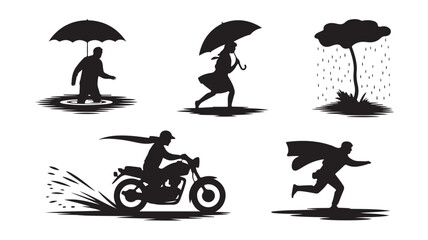 Set of silhouette weather condition icons including rain wind and flooding vector illustration for weather forecasts and safety awareness