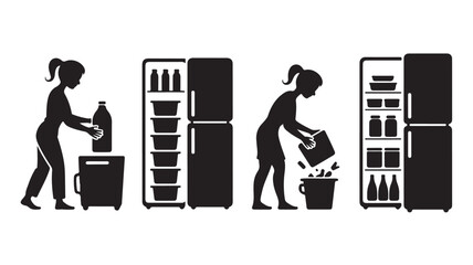Set of vector icons showing a woman cleaning organizing and throwing away food from the refrigerator minimalist flat design isolated on white background