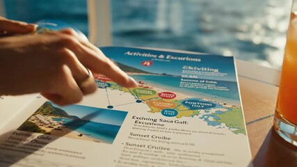 Person reading travel brochure with refreshing beverage on sunny day with ocean view