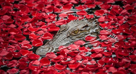Crocodile head emerging among floating red rose petals on water surface. Overhead shot wildlife photography. Nature and contrast concept