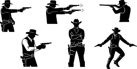 Cowboy Gunfighter Silhouettes In Icon Set. Western Action And Adventure Theme Collection. Entertainment And Historical Use. Isolated Vector Illustration 