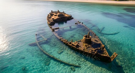 Aerial view of a shipwreck in shallow turquoise water, revealing its submerged structure and surrounding environment.