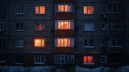 Apartment building at night with glowing orange-lit windows contrasting against cold blue tones and snowy surroundings.