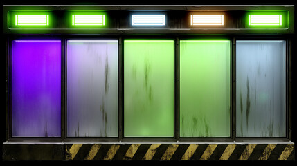 Futuristic sci fi panel with colorful illuminated frosted glass sections, glowing lights and industrial caution stripe base.