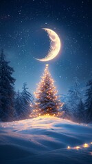 Naklejka premium Enchanting Winter Night: Illuminated Christmas Tree under a Crescent Moon