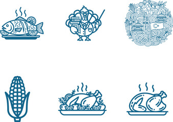 Festive Food and Culture Icons in Blue Outline Style Including Turkey Turkey Dish Istanbul and Corn Emblem Depicting a Diverse Thanksgiving Feast and Cultural Exploration