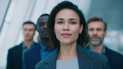 Confident leader diverse team modern office professional portrait corporate success teamwork business people shape hopeful vision toward growth and change in bright hallway with soft natural light