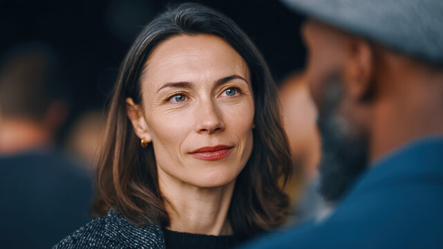 Woman business conference networking conversation professional urban candid portrait focus Confident professional woman candid conversation during business conference networking, urban setting