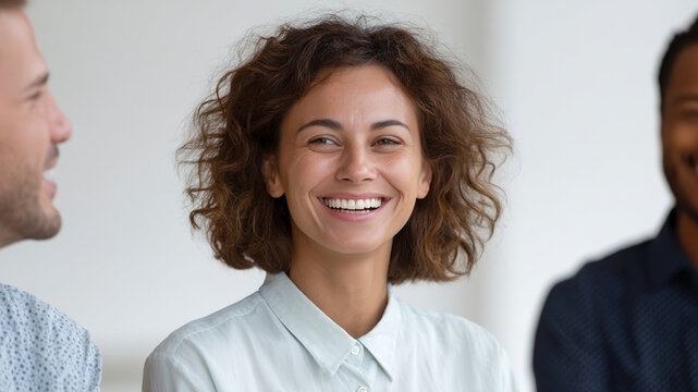 Happy coworkers office meeting casual conversation laughing woman group team workplace natural light friendly vibe lift mood modern office meeting where coworkers share casual conversation