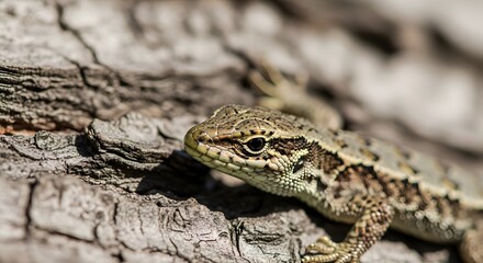 Naklejka premium Close-up of a brown lizard resting on tree bark, showcasing its intricate patterns and textures.
