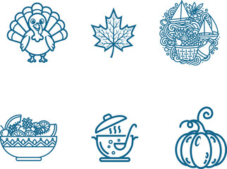 Thanksgiving and autumn themed icons collection including a turkey a maple leaf a basket of fruit a soup pot and a pumpkin for fall season celebrations