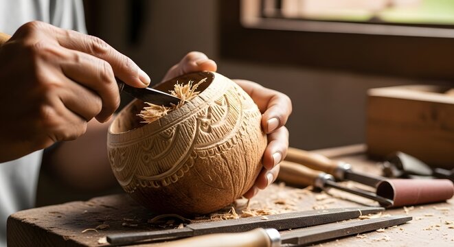 Skilled artisan meticulously carves a detailed floral pattern onto a coconut shell with traditional tools.