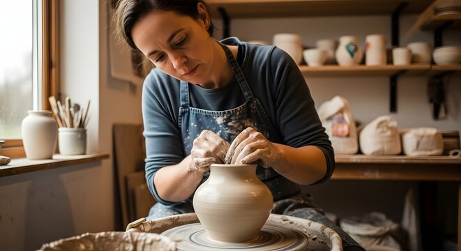 A woman shaping a clay pot on a pottery wheel in a bright studio. - Powered by Adobe