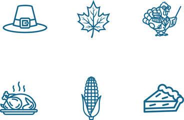 Thanksgiving Day elements in blue outlines for holiday celebrations and traditions including a pilgrim hat maple leaf turkey with books roasted turkey corn and pumpkin pie on white background