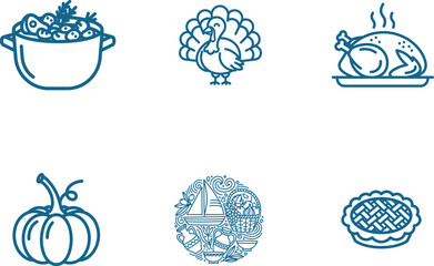 Thanksgiving Dinner Menu Icons Featuring Turkey Pumpkin Pot Roast Pie And More Elements in Blue Line Vector Design Perfect for Holiday Promotions and Recipe Illustrations