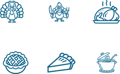 Thanksgiving Food Icon Set Featuring Turkey Pie and Soup Outlines Ready for Holiday Celebrations and Festive Meals Ideal for Fall Designs