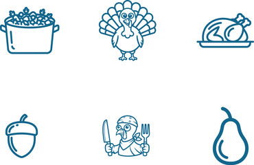 Thanksgiving Feast Icon Set with Festive Elements Represented by a Pot of Food Roasted Turkey an Acorn a Cooked Bird holding a Knife and Fork and a Pear on a White Background