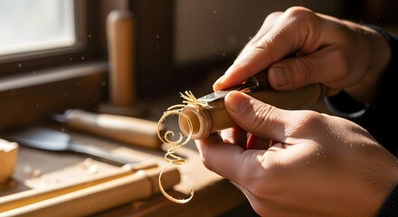 A person's hands meticulously carving wood with a sharp tool, producing delicate wood shavings in a sunlit workshop.