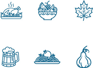Thanksgiving Icons Set in Line Style Representing a Delicious Turkey Fruit Bowl Maple Leaf Beer Mug Spaghetti and a Festive Pumpkin Vector Art
