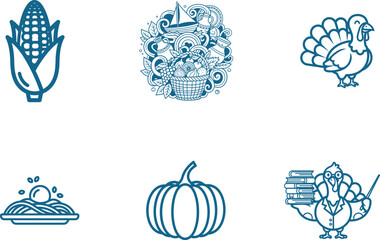 Thanksgiving themed line art icons featuring cornucopia corn turkey pumpkin spaghetti and an academic turkey teacher perfect for autumn harvest and holiday designs