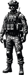 Detailed tactical soldier silhouette wearing modern combat gear and equipment, military special forces vector illustration for security themes, defense graphics, action design elements