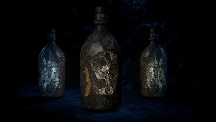 Three mysterious stone bottles glowing in darkness