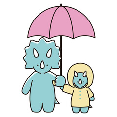 傘をさすトリケラトプスの親子のイラスト