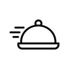 Fast food delivery cloche line icon, serving tray with dome lid and motion lines indicating express delivery, outline style, simple and clean symbol for restaurant service