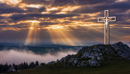 Ultra-realistic epic cross glowing atop a rocky hill, dramatic sunrise breaking through thick golden clouds, long god-rays illuminating the sky, high-detail textures, cinematic atmosphere, wide-angle 