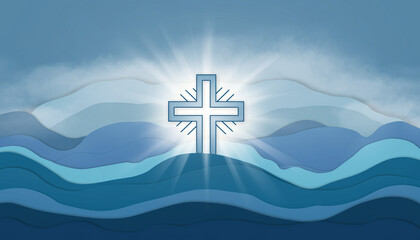 Elegant cross silhouette floating above layered blue clouds, atmospheric depth, gentle cool lighting, soft mist around the cross, modern spiritual aesthetic, high-resolution background, minimalist com