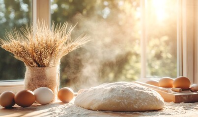 Fresh bread dough on a table, surrounded by ingredients like eggs and wheat, with flour dust and warm sunlight