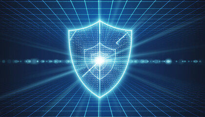 Abstract glowing shield shape formed by particle dots and lines, blue digital grid background, subtle light rays, modern tech style, commercial-safe, no real logos, no specific security symbols.