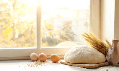 Preparing homemade bread with fresh ingredients on a sunlit kitchen window, promoting traditional baking