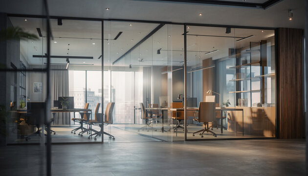 Ultra-modern corporate office interior with clean minimal design, large glass windows, soft natural lighting, neutral color tones, professional workspace layout, subtle reflections, premium business a