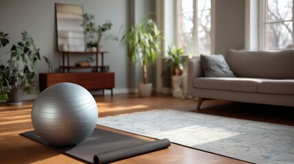 Bright living room interior prepared for a home workout with a silver exercise ball and a black yoga mat on the wooden floor. Healthy lifestyle concept.