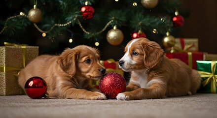 Two adorable puppies lying down near christmas tree and presents with christmas ornaments around them
