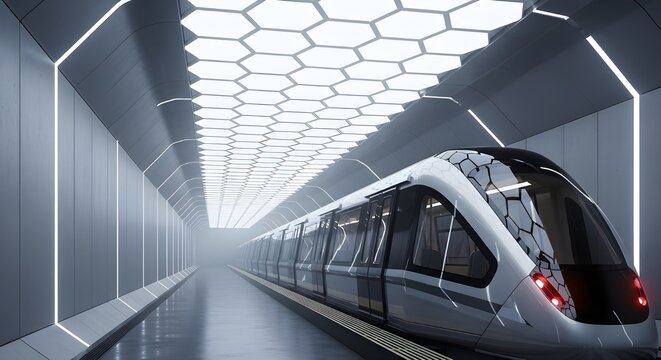 Sleek futuristic train inside a minimalistic white tunnel with modern geometric architecture - Powered by Adobe