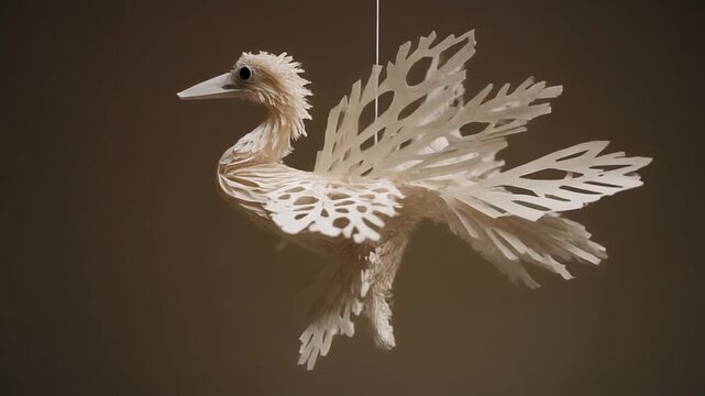 Backlit abstract bird pi&ntilde;ata with laser-cut tissue paper texture. Warm macro detail of delicate Mexican craftsmanship and design.