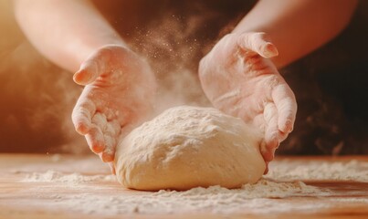 Baker's hands carefully shaping fresh dough on a wooden table with flour dusting, creating a traditional culinary experience