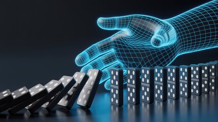Futuristic hologram hand stopping falling domino effect concept of artificial intelligence risk control decision making and crisis prevention