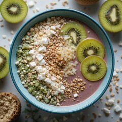 A vibrant overhead close-up of a blue bowl filled with a berry smoothie base, topped with sliced kiwi, chopped nuts, seeds, and white crumble