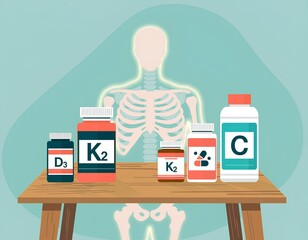 flat vector illustration featuring various vitamin supplement bottles labeled D3, K2, and C arranged on a table beside a simplified human skeleton diagram.