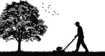 Gardener man silhouette mowing the lawn grass with a push lawnmower machine beside a large shady tree, professional landscaping and garden maintenance vector illustration.