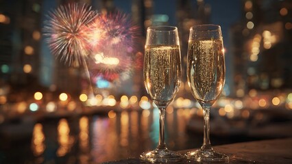 Toast to success and new beginnings with champagne flutes and vibrant city fireworks on a magical night, perfect for celebrations and joyful moments
