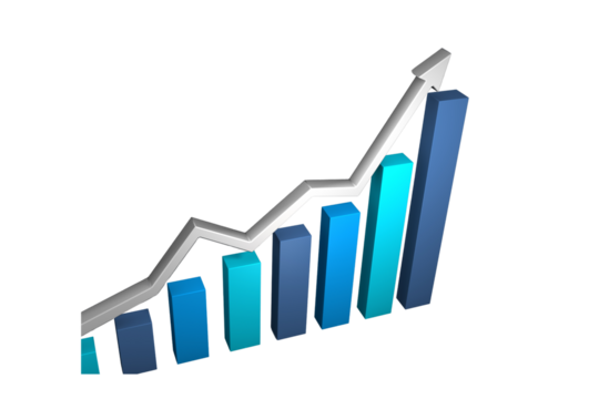 3D Financial Chart Growth with Rising Business Statistics, Upward Arrow and Rapid Performance Improvement