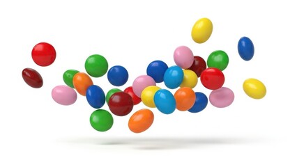 Colorful candy coated chocolate lentils floating on a white background