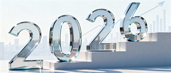 Transparent glass numbers 2026 are displayed on a staircase with a blurred city skyline in the background, symbolizing growth and future aspirations in a modern environment