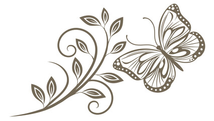 Vector floral ornament pattern of black and white spring leaf and butterfly curl art silhouette corner design element