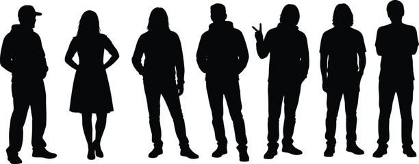 Human silhouette diversity, standing poses, fashion styles, casual posture, hoodie, peace sign, crossed arms, vector illustration, group identity, body language